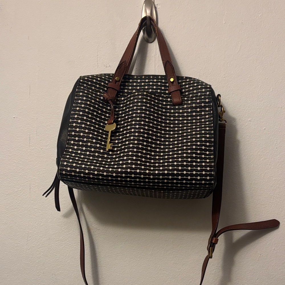 Fossil Black Satchel with Cream Dot Pattern and Brown Handles